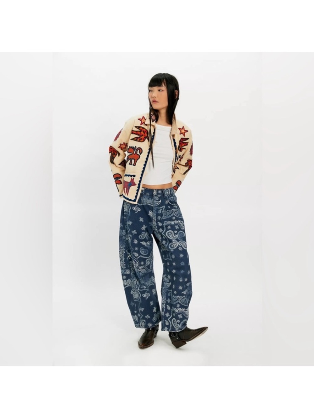 NEW Free People We The Free Good Luck Printed Navy Bandana Barrel Jeans 27 - Picture 2 of 14